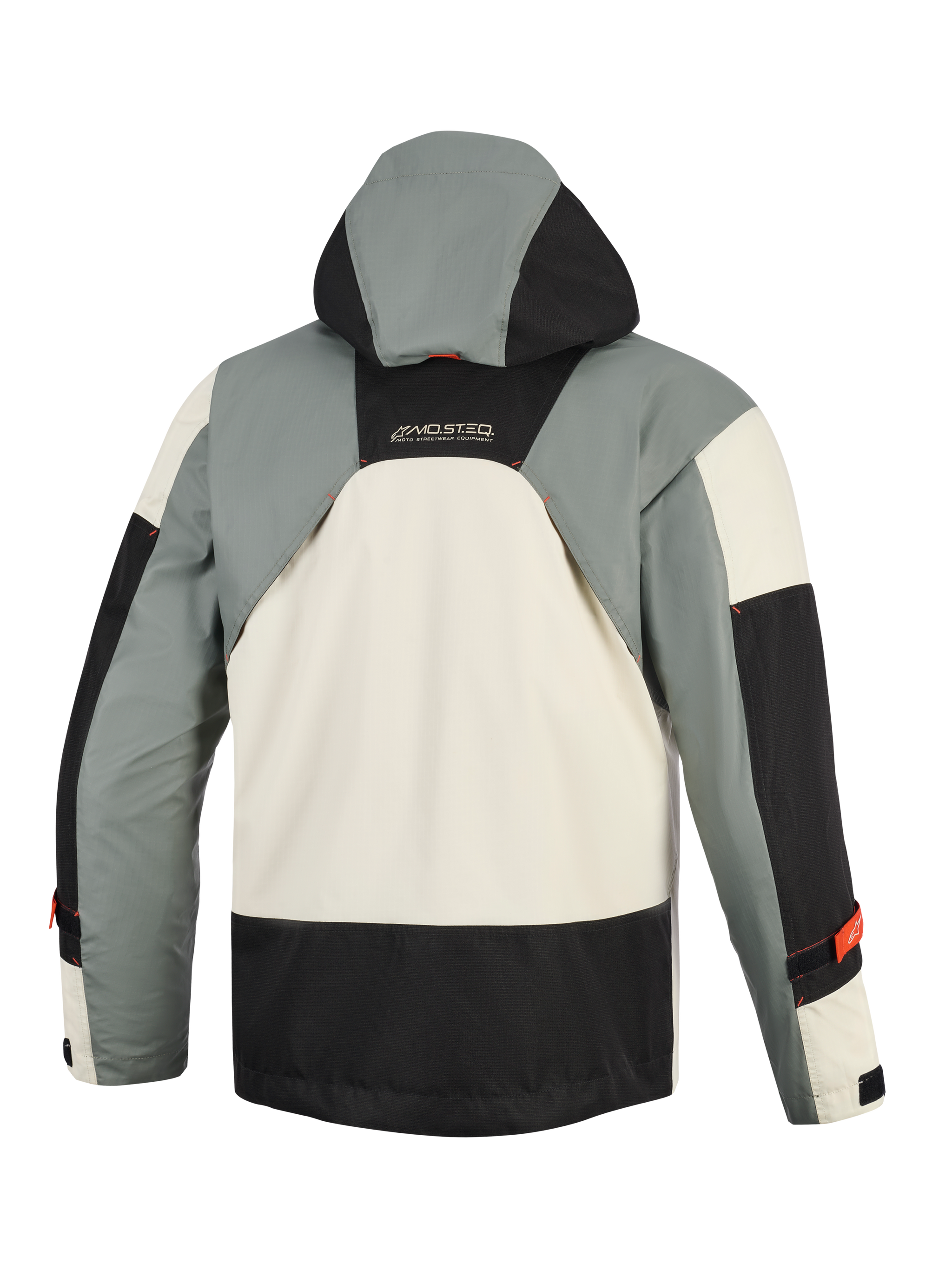 Alpinestars Mospher Waterproof Jacket in Fur Gray Black Ice, back view, featuring a military-inspired multi-panel design with gray, black, and ice white sections, an integrated hood, and MO.ST.EQ branding on the upper back.