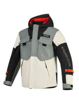 Alpinestars Mospher Waterproof Jacket, motorcycle parka, Fur Gray Black Ice, featuring multi-pocket tactical design, hooded silhouette with red interior, and Alpinestars branding on the sleeve