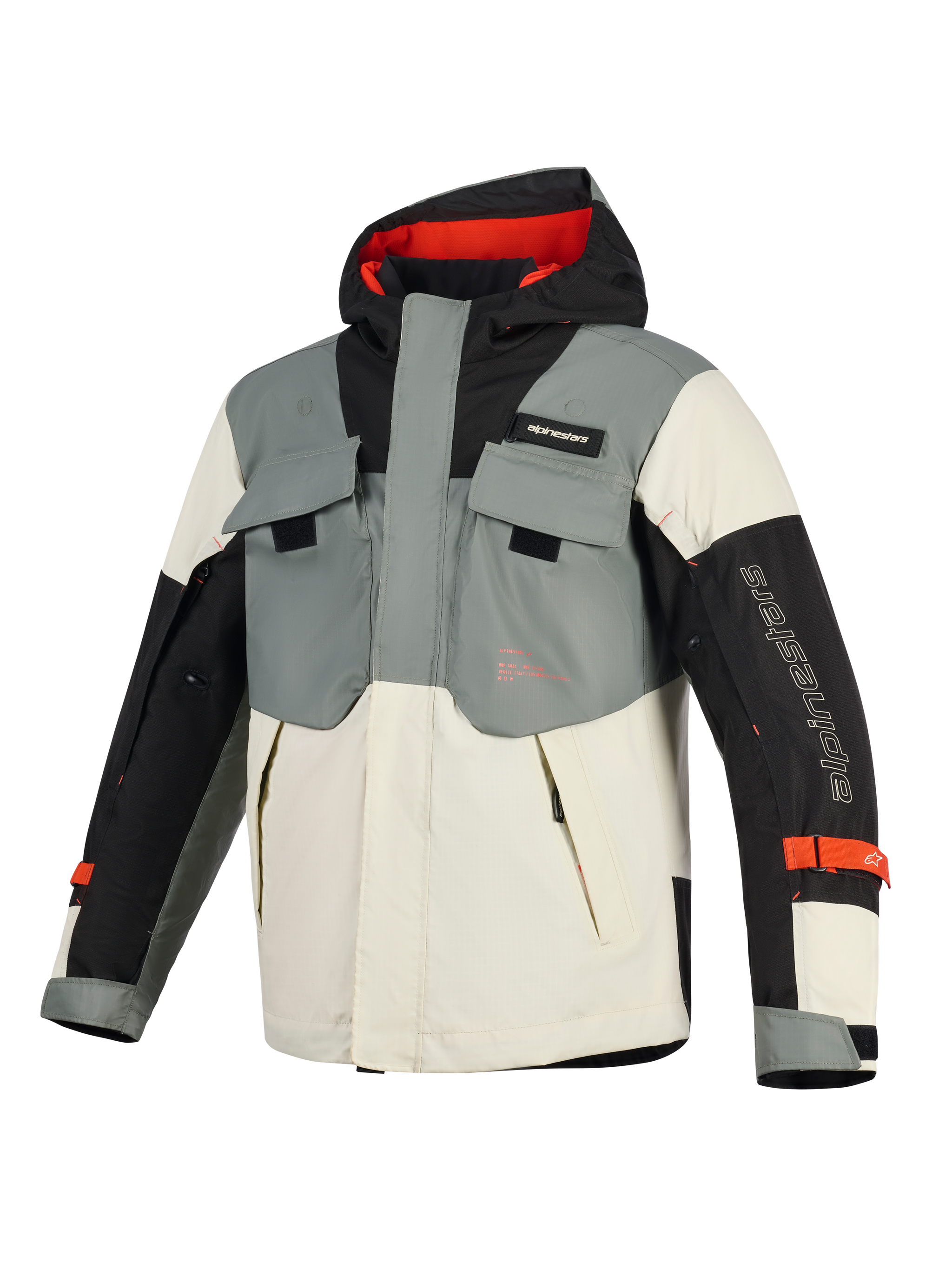 Alpinestars Mospher Waterproof Jacket, motorcycle parka, Fur Gray Black Ice, featuring multi-pocket tactical design, hooded silhouette with red interior, and Alpinestars branding on the sleeve