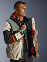 Alpinestars Mospher Waterproof Jacket, urban motorcycle parka, Fur Gray Black Ice, featuring cream and gray panels with bright orange accents, shown open with a quilted thermal vest, tactical-inspired design for all-weather riding