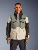 Alpinestars Mospher Waterproof Jacket, Men's Motorcycle Jacket, Fur Gray Black and Cream Colorblock, tactical-inspired design with chest pockets, high collar hood system, red accents on sleeves, urban commuter riding gear