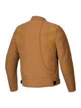 Alpinestars Clayton WR Jacket, Motorcycle Jacket, Utility Brown Light Gold, back view showing quilted padding on shoulders and elbows, ergonomic curved lines, and adjustable waist straps, urban motorcycle gear