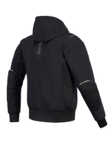 Alpinestars Moblast Waterproof Jacket, Rear View, Black, urban motorcycle hoodie with vertical branding on the back, technical softshell and ripstop construction featuring a fixed hood and external elbow protector zippers