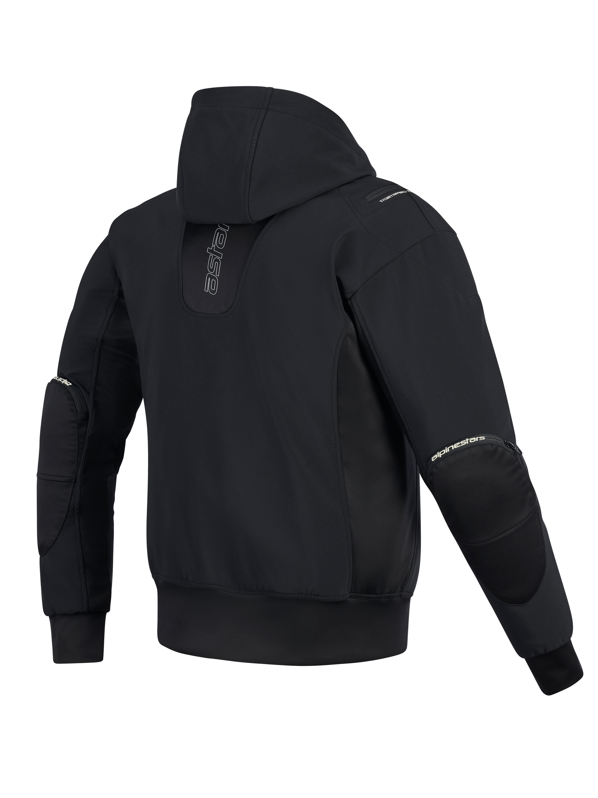 Alpinestars Moblast Waterproof Jacket, Rear View, Black, urban motorcycle hoodie with vertical branding on the back, technical softshell and ripstop construction featuring a fixed hood and external elbow protector zippers