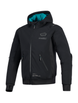 Alpinestars Moblast Waterproof Jacket, Black with teal hood lining, technical softshell motorcycle jacket featuring 3D zippered pockets, integrated thumbholes, and Alpinestars chest branding, urban riding apparel