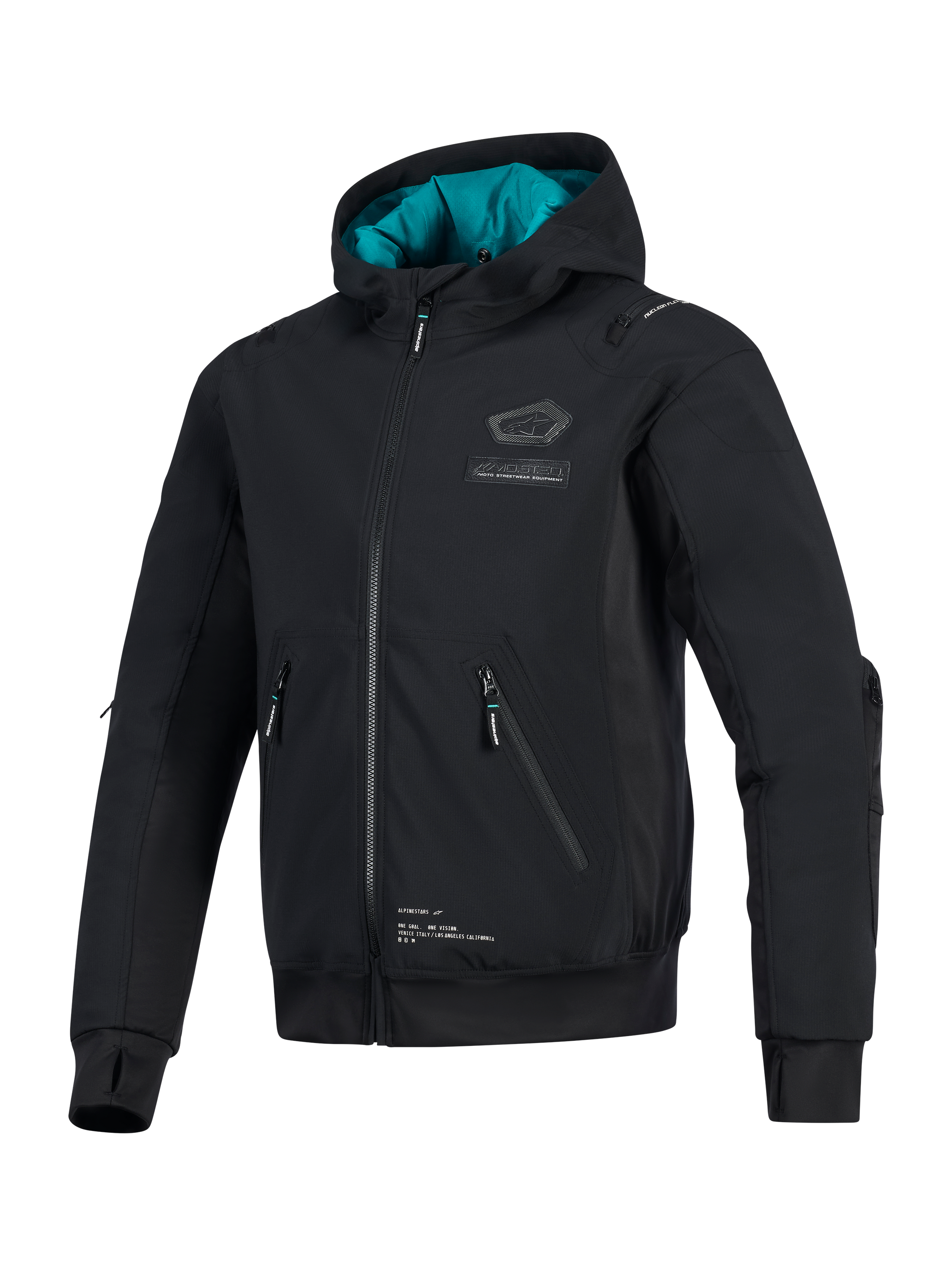 Alpinestars Moblast Waterproof Jacket, Black with teal hood lining, technical softshell motorcycle jacket featuring 3D zippered pockets, integrated thumbholes, and Alpinestars chest branding, urban riding apparel