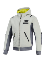 Alpinestars Moblast Waterproof Jacket, Iron Gray and Dark Sage, hooded motorcycle jacket with bright yellow lining, light gray textile body with dark gray side panels, featuring waterproof zippers and chest logo branding