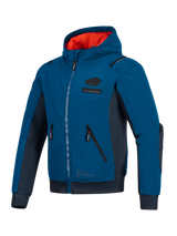 Alpinestars Moblast Waterproof Jacket, Dark Petrol and Dark Navy blue, urban motorcycle hoodie featuring a bright orange hood lining, technical 3D pockets, and softshell ripstop construction for all-season commuting