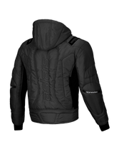 Alpinestars Mohobbs Waterproof Jacket, urban motorcycle bomber jacket, Black, back view showing quilted padding, integrated hood, and astars wordmark