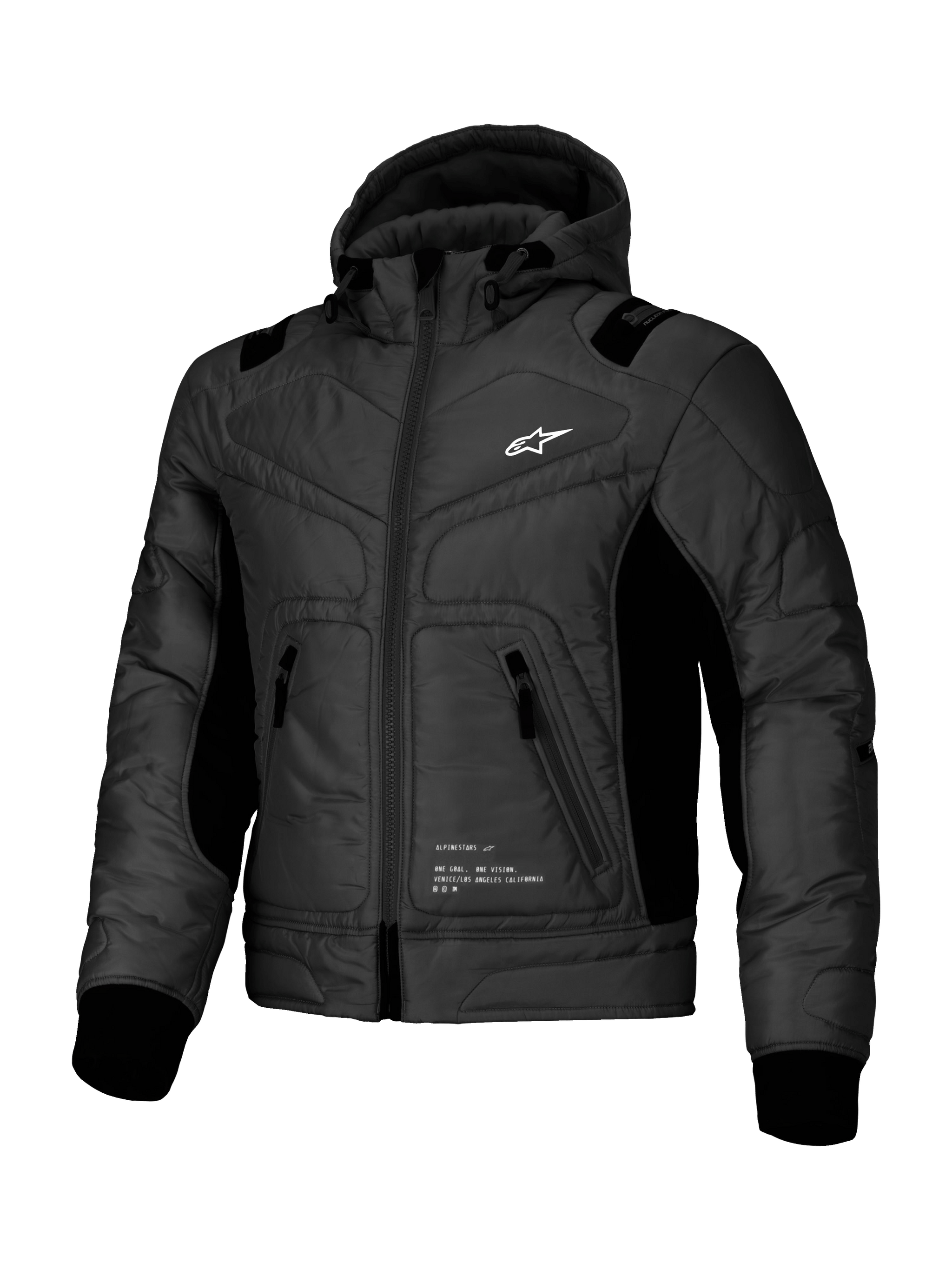 Alpinestars Mohobbs Waterproof Jacket, urban motorcycle bomber in Black, featuring quilted poly fabric construction, integrated hood, and CE-certified protection