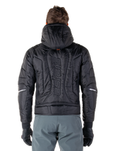 Alpinestars Mohobbs Waterproof Jacket, Black, rear view showing quilted padded construction, vertical 'astars' wordmark on the back, hood up, contemporary moto streetwear style