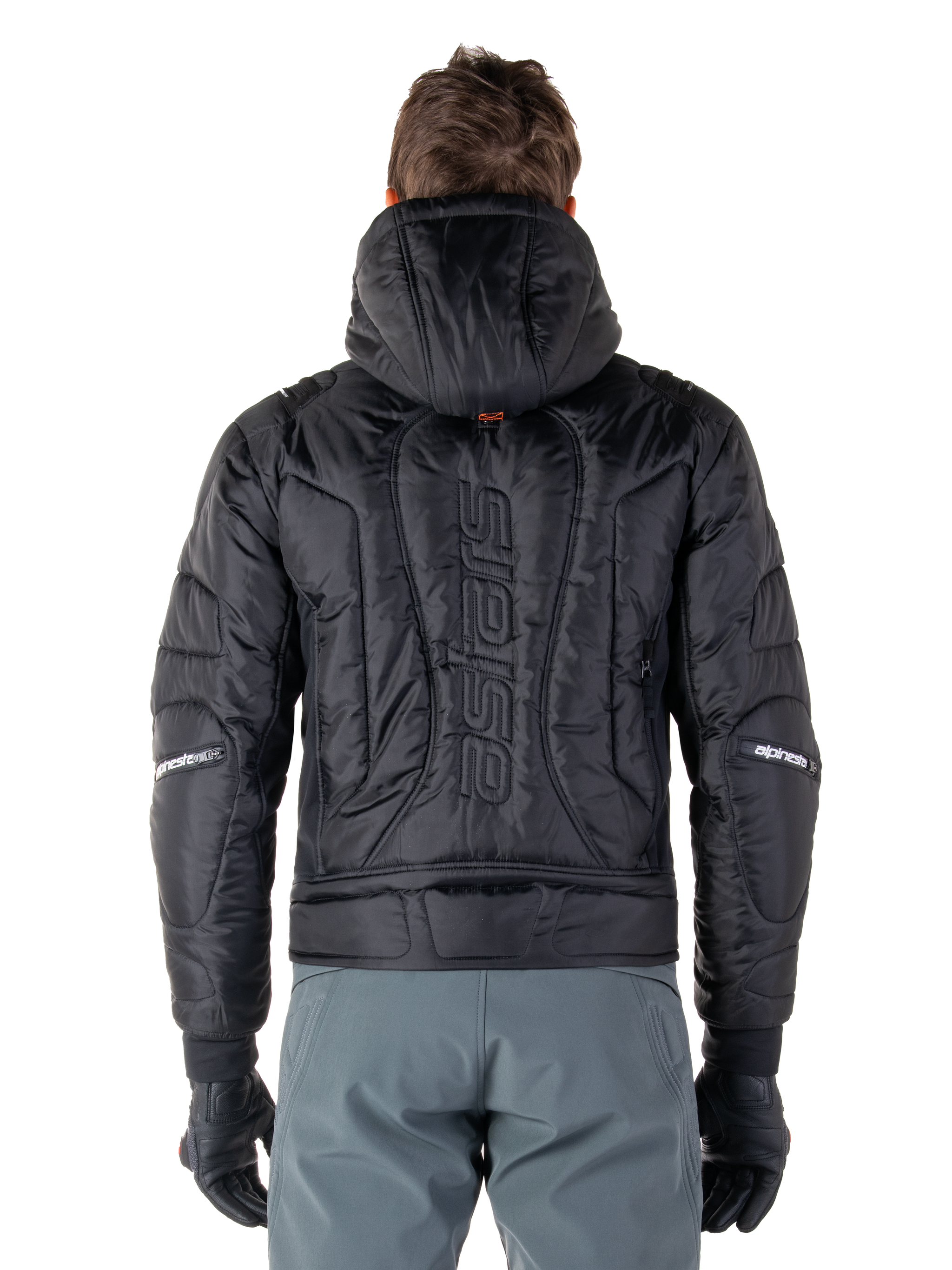 Alpinestars Mohobbs Waterproof Jacket, Black, rear view showing quilted padded construction, vertical 'astars' wordmark on the back, hood up, contemporary moto streetwear style
