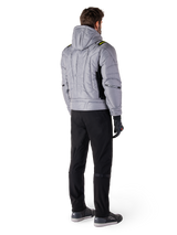 Alpinestars Mohobbs Waterproof Jacket, Lunar Gray Lime Punch, rear view of quilted bomber-style motorcycle jacket with hood, featuring Alpinestars wordmark on back, worn with black riding pants and gloves, urban moto streetwear