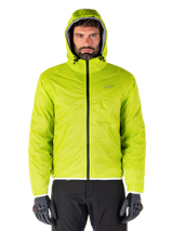 Alpinestars Mohobbs Waterproof Jacket, Lime Punch packable raincover, bright lime green hooded shell worn with black riding pants and gray motorcycle gloves, urban moto-streetwear style.