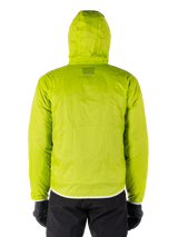 Alpinestars Mohobbs Waterproof Jacket, Lime Punch packable raincover, bright lime green hooded jacket, back view, worn with black pants and gloves, waterproof moto streetwear