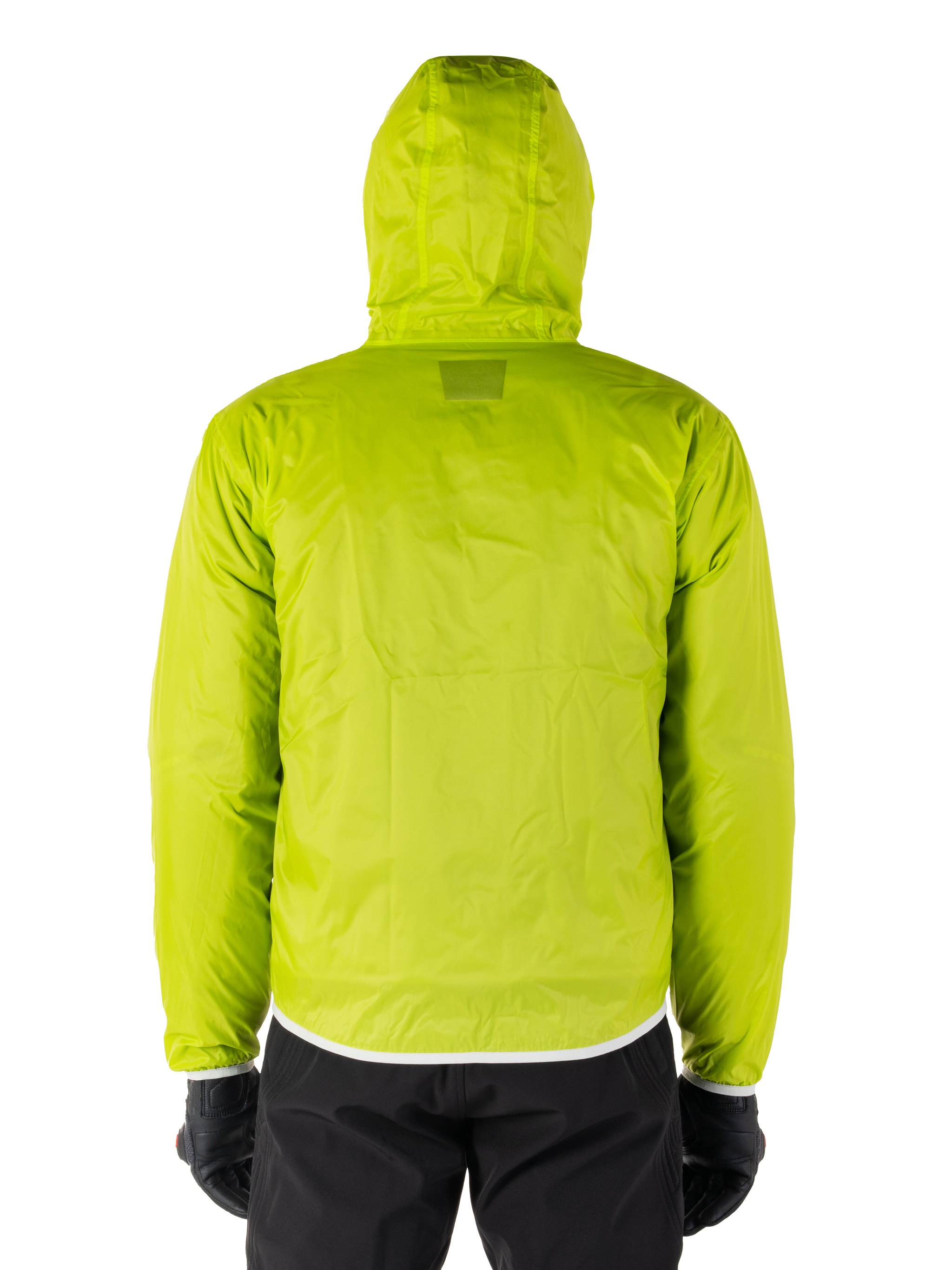 Alpinestars Mohobbs Waterproof Jacket, Lime Punch packable raincover, bright lime green hooded jacket, back view, worn with black pants and gloves, waterproof moto streetwear