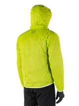 Alpinestars Mohobbs Waterproof Jacket, packable rain liner in Lime Punch, rear view of the hooded neon green waterproof layer, worn with black motorcycle pants and gloves
