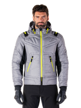 Alpinestars Mohobbs Waterproof Jacket, Urban Motorcycle Jacket, Lunar Gray with Lime Punch accents, quilted bomber design with hood, bright yellow zippers and black side panels, streetwear-inspired protective riding gear