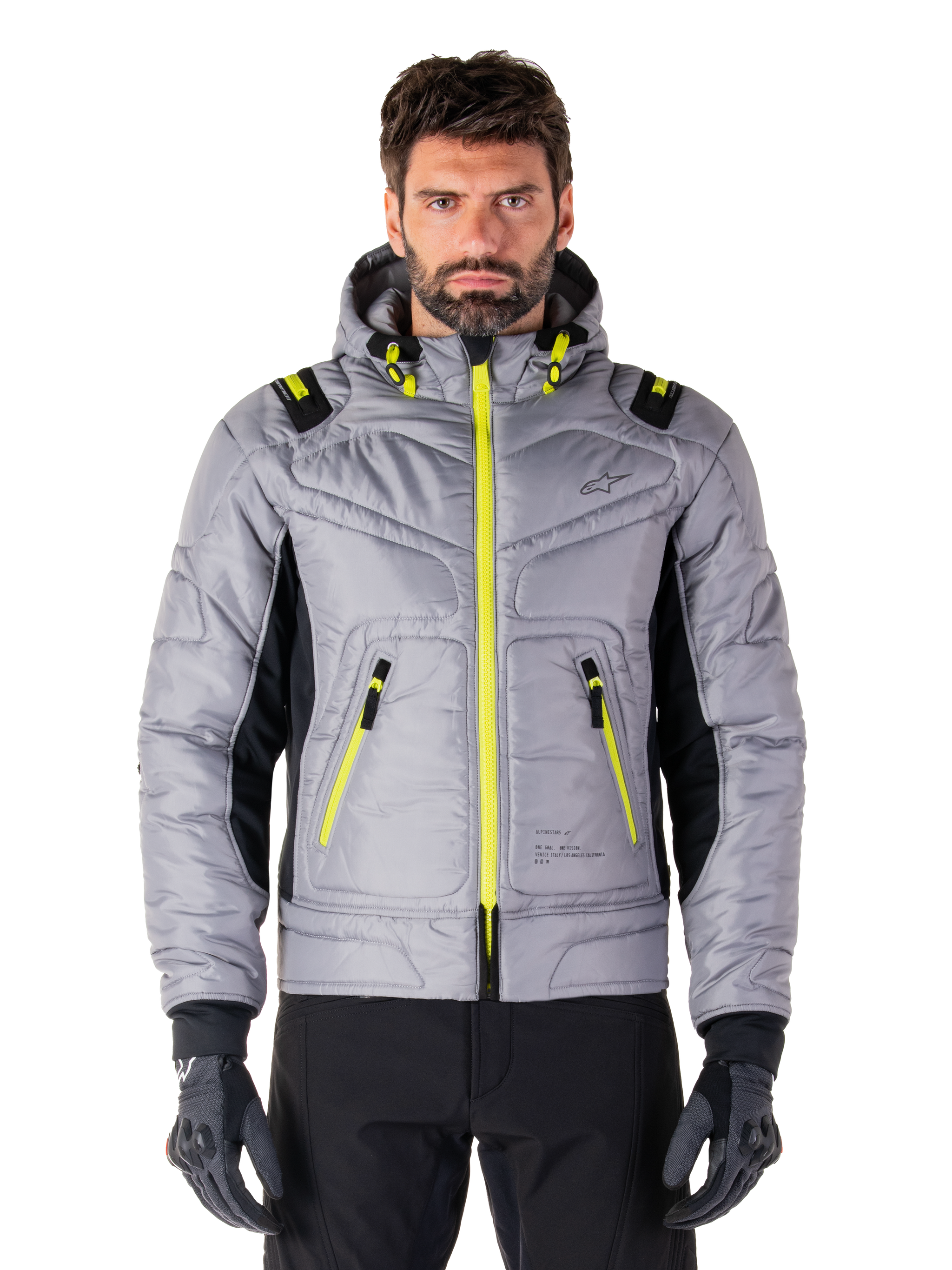 Alpinestars Mohobbs Waterproof Jacket, Urban Motorcycle Jacket, Lunar Gray with Lime Punch accents, quilted bomber design with hood, bright yellow zippers and black side panels, streetwear-inspired protective riding gear