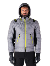 Alpinestars Mohobbs Waterproof Jacket, Motorcycle Bomber Jacket, Lunar Gray and Lime Punch, quilted design with bright neon yellow zippers and hood accents, modern urban moto streetwear.