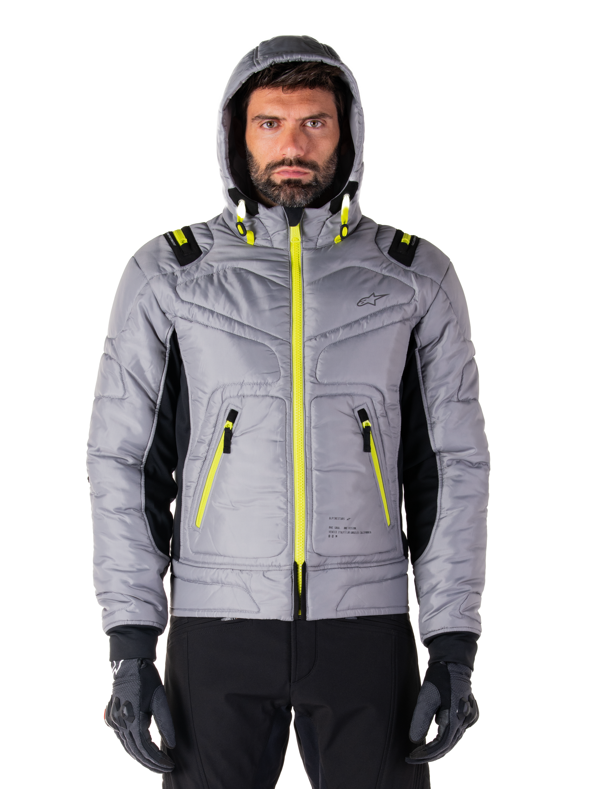 Alpinestars Mohobbs Waterproof Jacket, Motorcycle Bomber Jacket, Lunar Gray and Lime Punch, quilted design with bright neon yellow zippers and hood accents, modern urban moto streetwear.