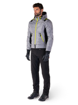 Alpinestars Mohobbs Waterproof Jacket in Lunar Gray and Lime Punch, quilted bomber-style motorcycle jacket with neon accents, worn by model with black riding pants and gloves, urban streetwear-inspired protective gear