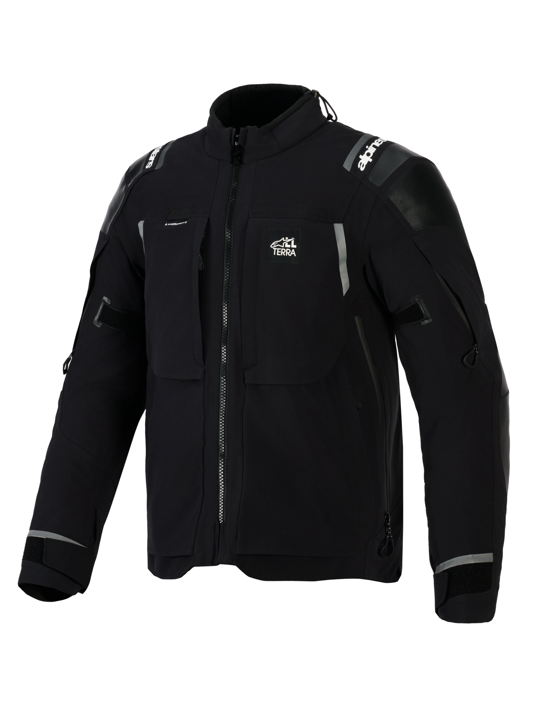 Alpinestars Andes Pro Drystar® XF Jacket, Black and Dark Gray adventure motorcycle jacket, front angled view, featuring 'ALL TERRA' chest logo, reflective branding on shoulders, multiple waterproof zippered pockets, and adjustable sleeve cuffs.