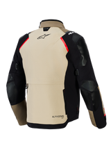 Alpinestars Andes Pro Drystar® XF Jacket, Rear view, Walnut and black with red accents, features reinforced panels on shoulders and elbows, large back storage pocket, and Alpinestars branding, adventure touring motorcycle gear