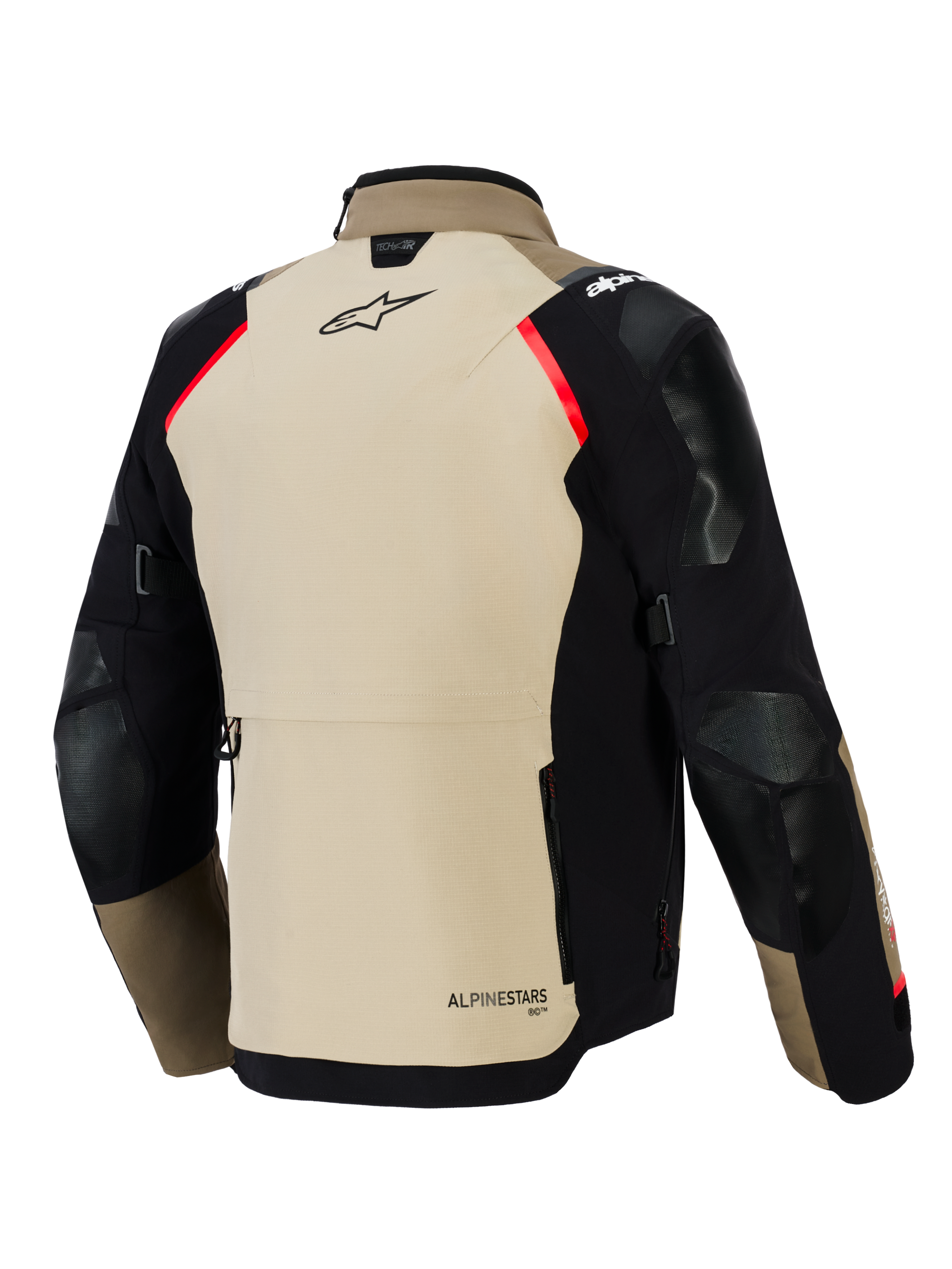 Alpinestars Andes Pro Drystar® XF Jacket, Rear view, Walnut and black with red accents, features reinforced panels on shoulders and elbows, large back storage pocket, and Alpinestars branding, adventure touring motorcycle gear