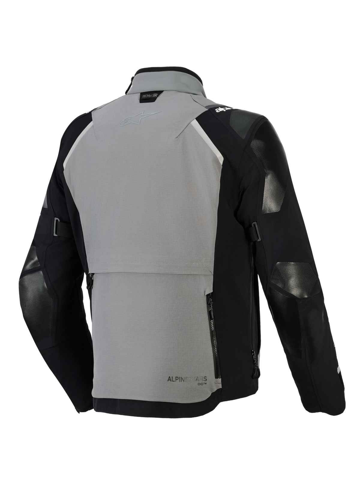 Alpinestars Andes Pro Drystar® XF Jacket, Adventure Motorcycle Jacket, Dark Gray and Black, back view featuring a large rear storage compartment with zippers, adjustable sleeve straps, and Tech-Air branding on the collar, durable textile shell design