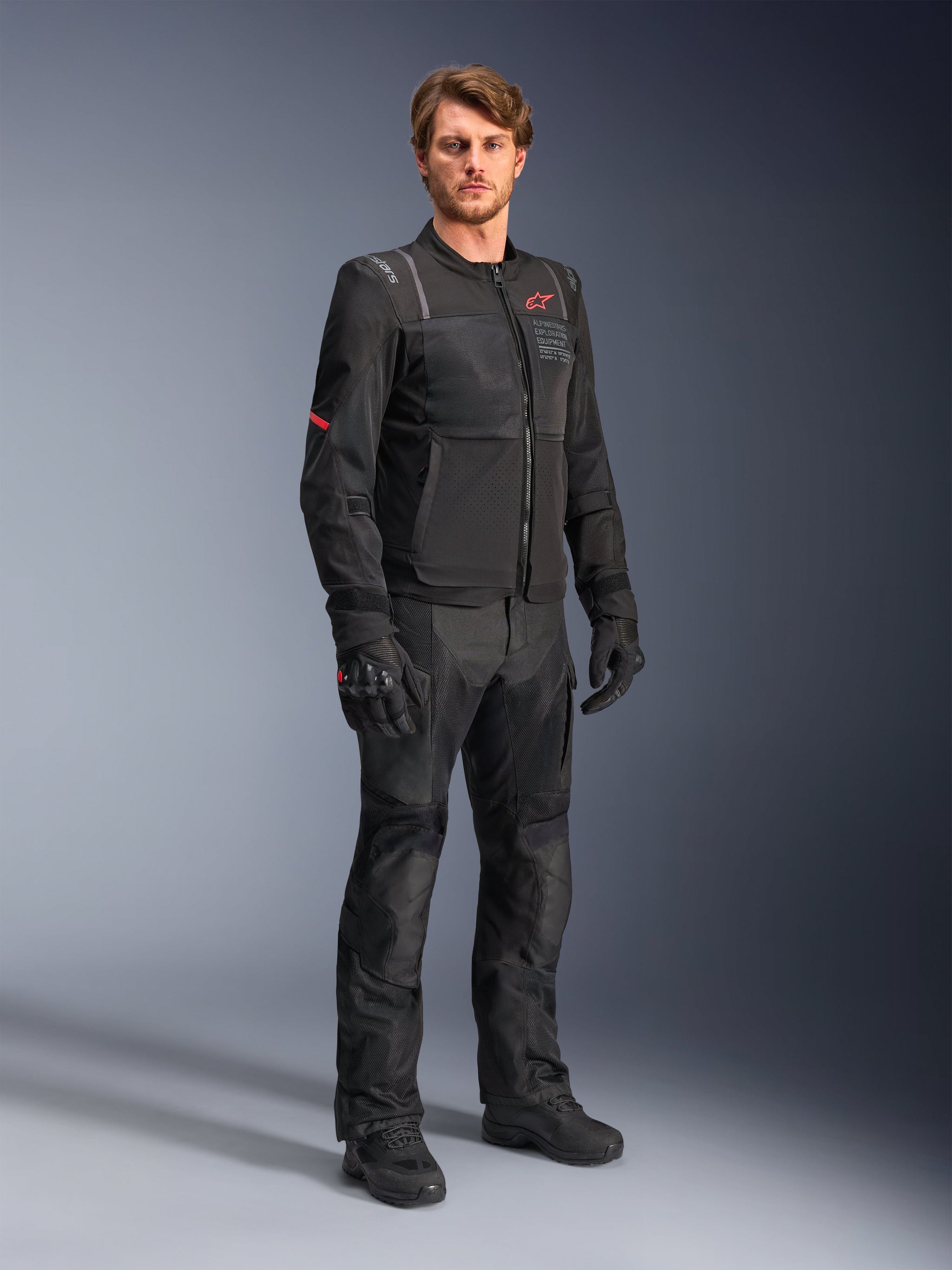 Alpinestars ST-2 Air Jacket in Black, a men's adventure touring motorcycle jacket with ventilated mesh and textile panels.