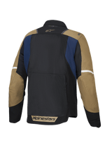 Alpinestars ST-2 Air Jacket, men's summer touring motorcycle jacket, back view showing ventilated mesh panels and drop tail, Deep Blue, Dark Khaki, and Black, CE Level AA certified and Tech-Air ready