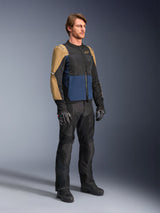 Male rider wearing the Alpinestars ST-2 Air Jacket in Deep Blue, Dark Khaki, and Black, featuring large mesh panels and laser perforations, paired with black riding pants, gloves, and boots for a complete summer touring look.