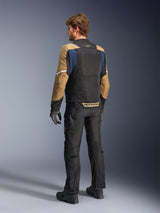 Alpinestars ST-2 Air Jacket, summer touring motorcycle jacket, Deep Blue, Dark Khaki, and Black, back view on model showing mesh panels, khaki sleeves, and blue accents, featuring white reflective strips and bold branding on the lower back, paired with black riding pants