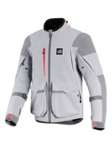 Alpinestars Maxdura Drystar®XF Laminated Armored Shell, Motorcycle Jacket, Mid Gray and Dark Gray, featuring red zipper accents and cuff logos, large front cargo pockets, reinforced shoulder and elbow panels, technical adventure gear design with 'ALL TERRA' logo on chest