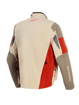 Alpinestars Maxdura Drystar®XF Laminated Armored Shell, Adventure Motorcycle Jacket, Aluminum Walnut and Rust Brown, back view featuring red logo on neck, technical multi-panel design with ventilation slits and durable textile construction.