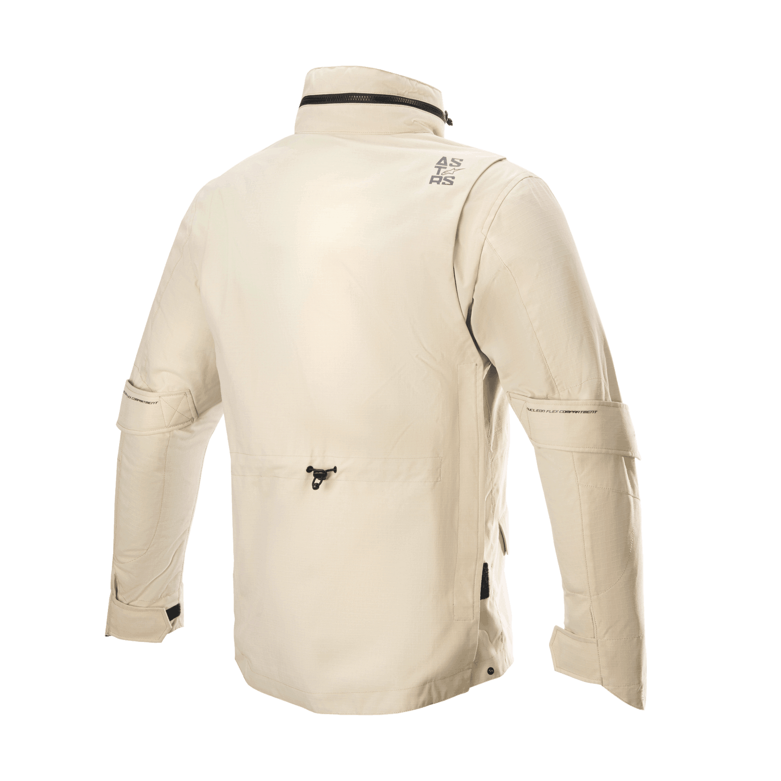 Alpinestars MO.ST.EQ Field Waterproof Primaloft Jacket, Motorcycle Jacket, Sand Military, rear view featuring a high collar with packable hood, sleeve volume adjusters, and a lightweight ripstop construction in a contemporary field jacket style