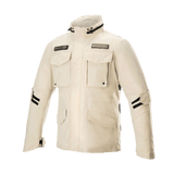 Alpinestars MO.ST.EQ Field Waterproof Primaloft Jacket, Sand Military, urban motorcycle jacket featuring four front flap pockets, high collar, and black adjustable straps on sleeves, contemporary streetwear design with waterproof ripstop construction