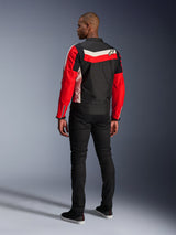 Alpinestars T-Dyno WR Jacket, Textile Motorcycle Jacket, Black Bright Red and Ecru, back view on model, vintage-inspired biker fit with heritage color panels and logo, modern urban road gear.