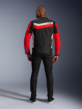 Alpinestars T-Dyno WR Jacket, textile motorcycle jacket, Black Bright Red and Ecru, rear view showing horizontal back stripes and red sleeves, vintage-inspired biker fit, worn with black pants, urban road riding gear