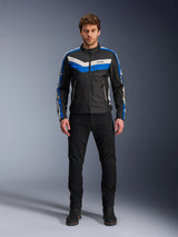 Alpinestars T-Dyno WR Jacket, Textile Motorcycle Jacket, Black Blue and Ecru, worn by male model with black pants and boots, featuring chevron stripes on the chest and heritage biker design