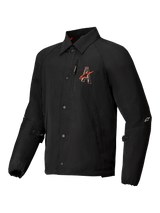Alpinestars Revved Water Resistant Jacket, urban motorcycle jacket, black satin with contrast embroidery and snap button closure, CE Level A certified with Nucleon Flex Plus protectors