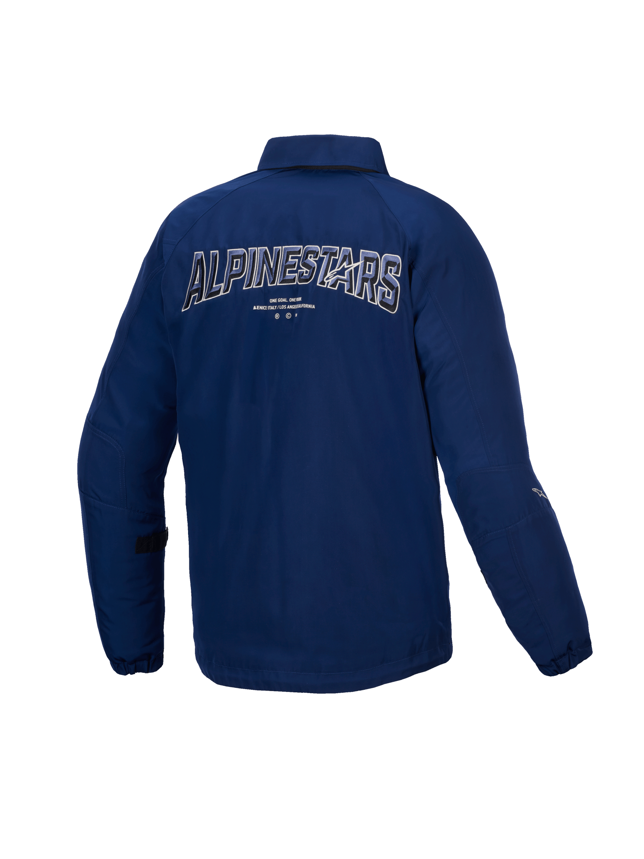 Alpinestars Revved Water Resistant Jacket, men's urban motorcycle jacket, Blue, back view showing dynamic 3D embroidery branding, CE certified water-resistant satin construction