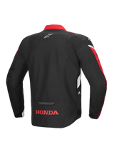 Alpinestars Honda T-Jaws V4 WP Jacket, Rear View, Black with Bright Red and White accents, featuring a red Honda logo on the lower back and Alpinestars star logo on the upper back, textile sport riding jacket with reflective detailing