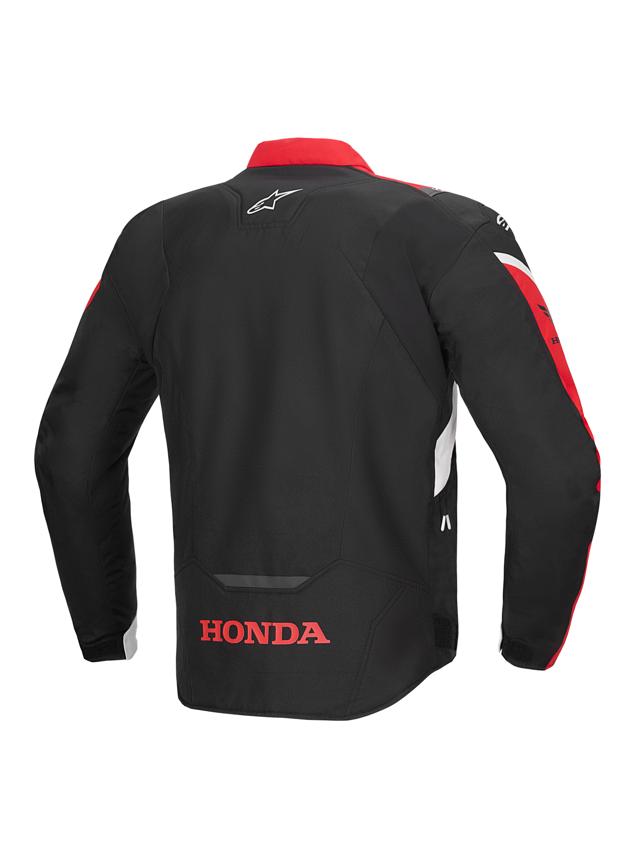 Alpinestars Honda T-Jaws V4 WP Jacket, Rear View, Black with Bright Red and White accents, featuring a red Honda logo on the lower back and Alpinestars star logo on the upper back, textile sport riding jacket with reflective detailing