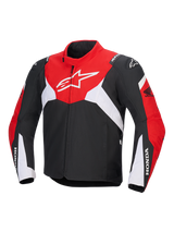 Alpinestars Honda T-Jaws V4 Wp Jacket, technical motorcycle waterproof jacket, Black, Bright Red and White, featuring a large white Astar logo on the chest and Honda branding on the sleeves, sporty design with high collar and front zipper.