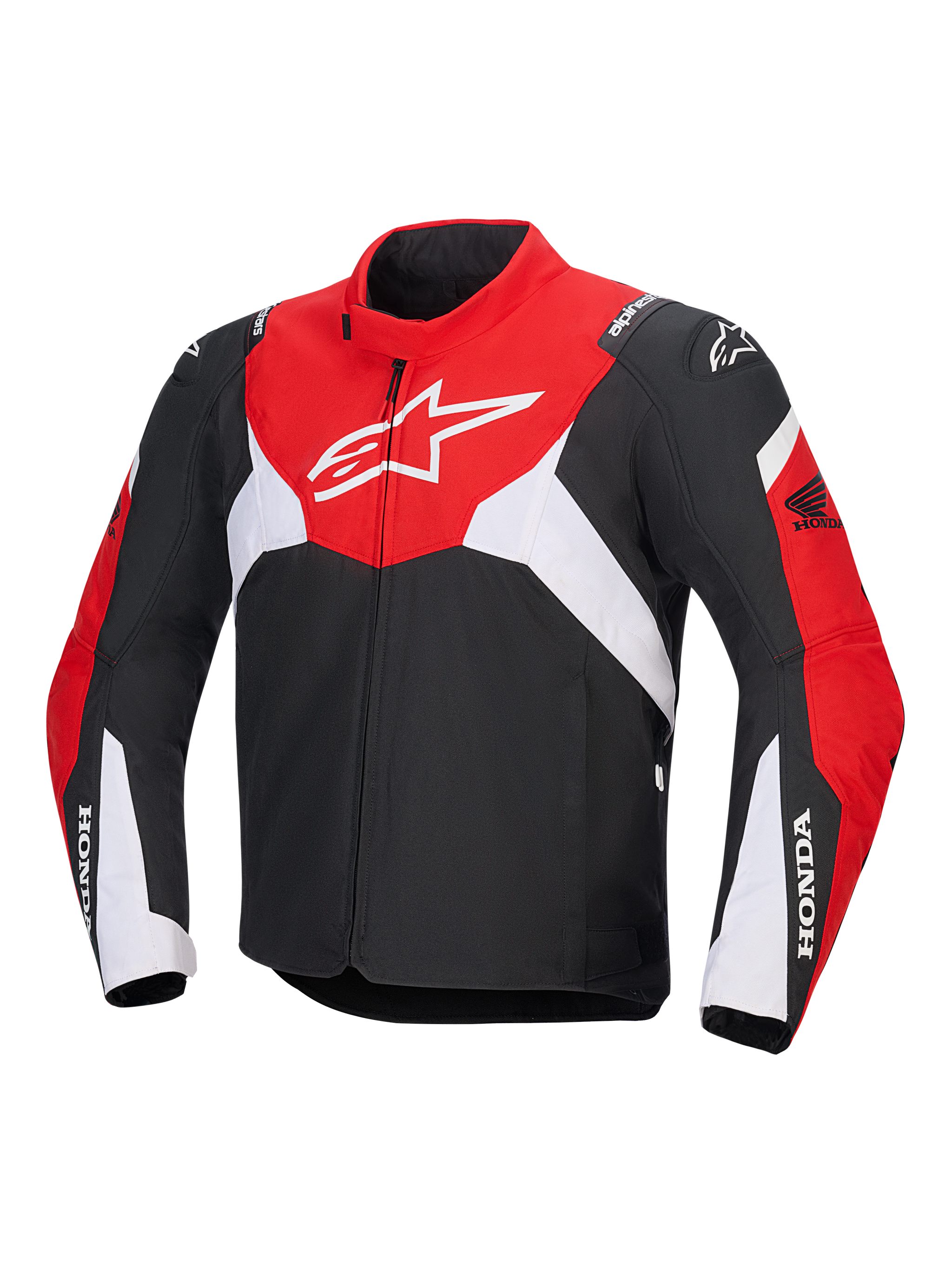 Alpinestars Honda T-Jaws V4 Wp Jacket, technical motorcycle waterproof jacket, Black, Bright Red and White, featuring a large white Astar logo on the chest and Honda branding on the sleeves, sporty design with high collar and front zipper.