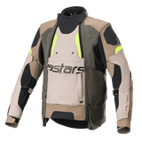 Alpinestars Halo Drystar® Jacket, Motorcycle Adventure Touring Jacket, Dark Khaki and Sand with Yellow Fluo accents, featuring a large front ventilation panel with astars branding, high collar, and rugged textile construction for all-season riding