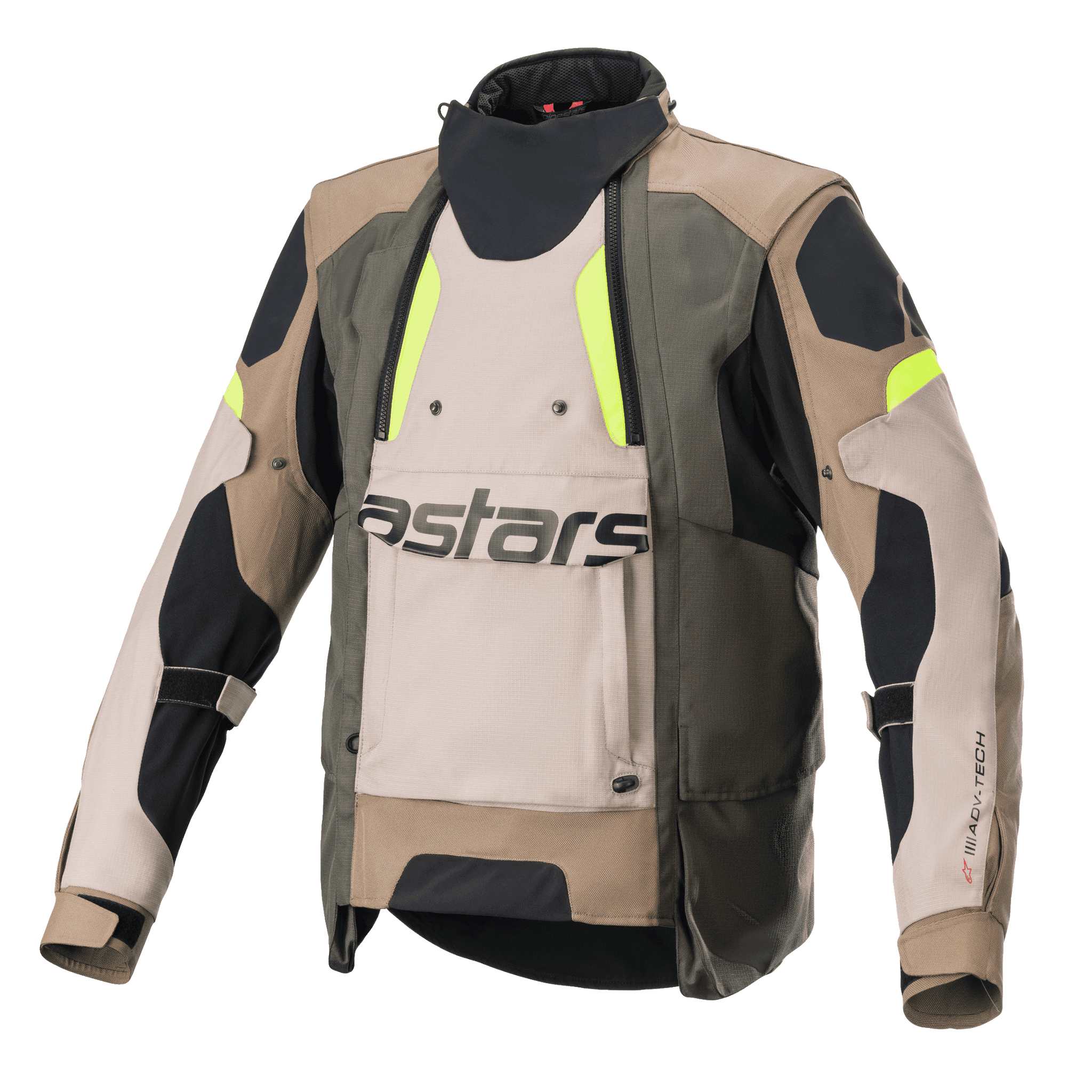 Alpinestars Halo Drystar® Jacket, Motorcycle Adventure Touring Jacket, Dark Khaki and Sand with Yellow Fluo accents, featuring a large front ventilation panel with astars branding, high collar, and rugged textile construction for all-season riding