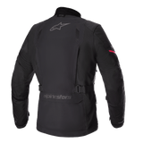 Alpinestars Monteira Drystar® XF Jacket, Adventure Touring Motorcycle Jacket, Black with Bright Red sleeve detail, rear profile showing grey Alpinestars logos, adjustable waist belt, and durable waterproof textile shell